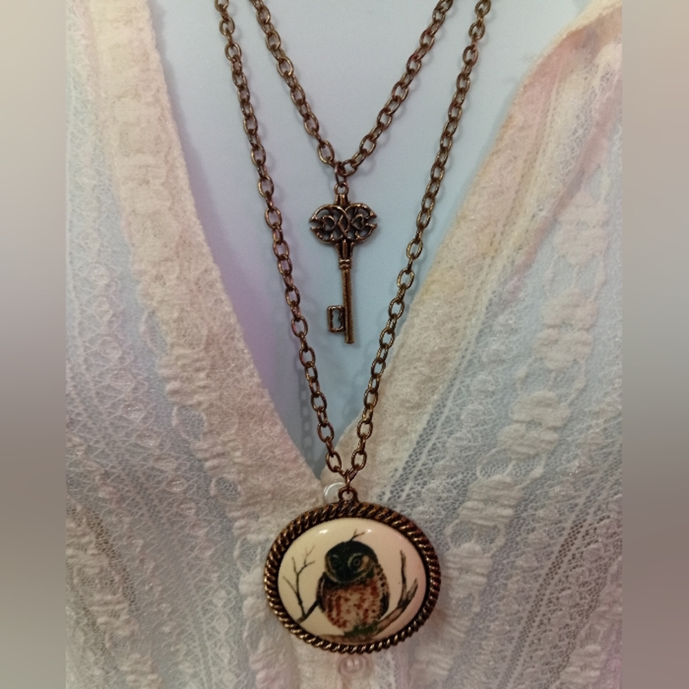 Vintage Owl and Key Pendant Necklace